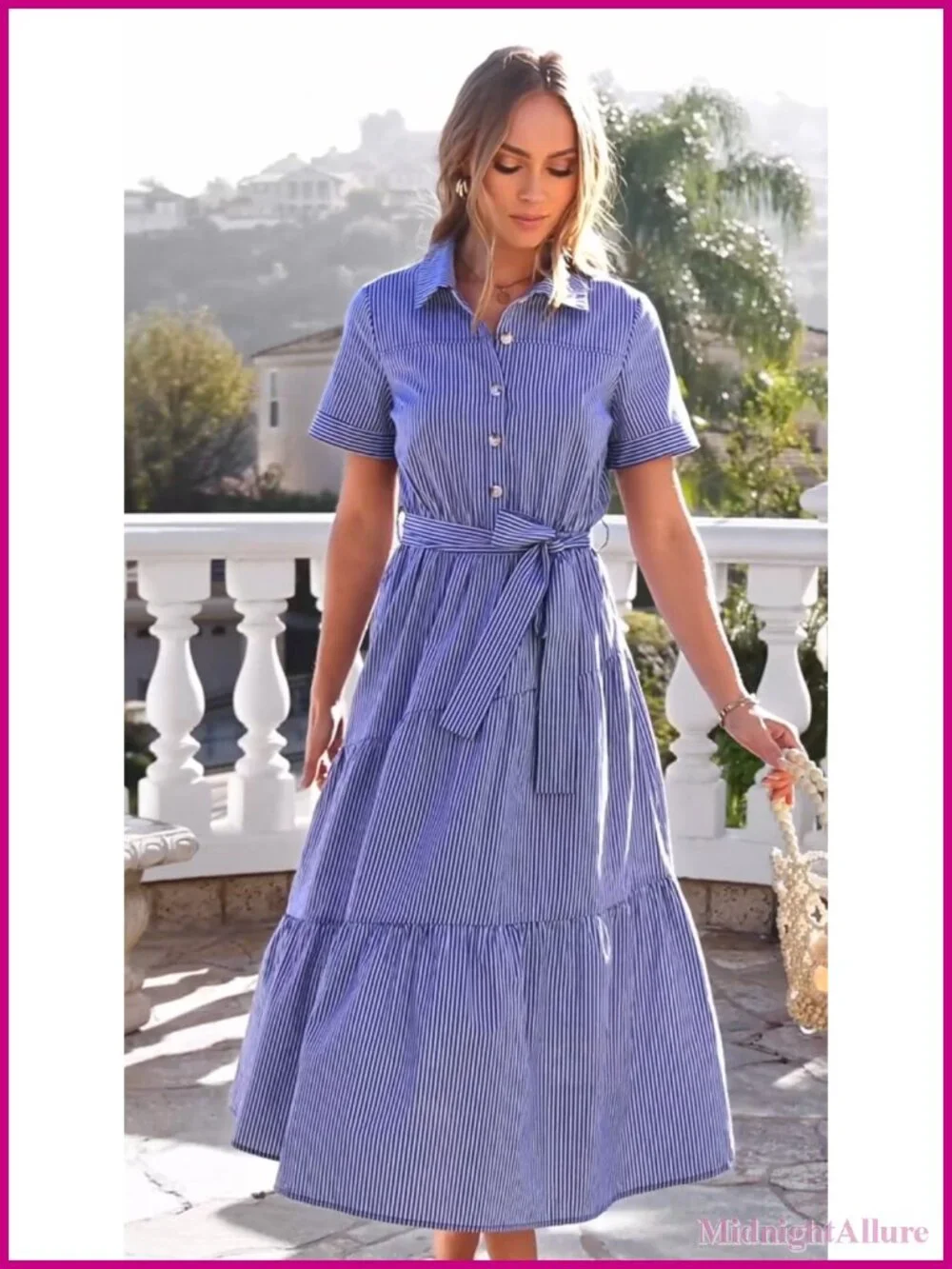 Women's Striped Button Up Maxi Shirt Dress with Belt | Short Sleeve Flowy